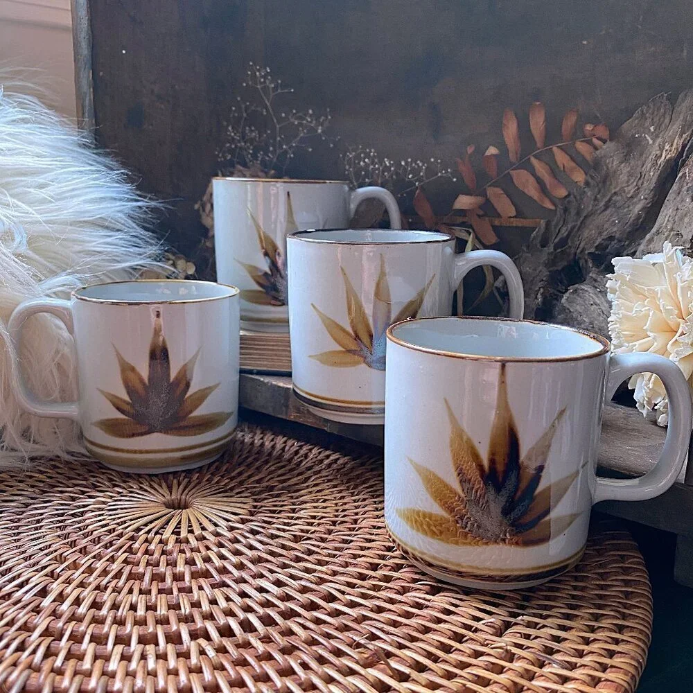 VINTAGE Otagiri Agave Cactus Leaf Coffee Mugs MCM 70s Era - 10oz